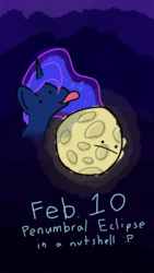 Size: 640x1136 | Tagged: safe, artist:phat_guy, derpibooru exclusive, princess luna, alicorn, pony, g4, :|, caption, drool, duo, eclipse, english, female, gradient background, licking, lunar eclipse, mare, mlem, moon, night, salivating, silly, smiling, solo, tangible heavenly object, tongue out, wet