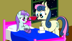 Size: 2979x1676 | Tagged: safe, artist:dinkyuniverse, bon bon, liza doolots, petunia, sweetie drops, tootsie flute, g4, bed, bedroom, blanket, caring for the sick, chest fluff, cold, crossed hooves, duo, ear fluff, food, magical lesbian spawn, mother, mother and daughter, mouth hold, night, offspring, parent:bon bon, parent:lyra heartstrings, parents:lyrabon, pillow, red nosed, sick, smiling, soup, spoon, stars, steam, tissue, tissue box, tomato, tomato soup, unshorn fetlocks, window
