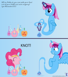 Size: 4096x4640 | Tagged: safe, artist:parclytaxel, applejack, fluttershy, pinkie pie, rainbow dash, rarity, twilight sparkle, oc, oc:parcly taxel, alicorn, genie, genie pony, pony, ain't never had friends like us, albumin flask, g4, .svg available, 2 panel comic, absurd resolution, alicorn oc, ask, bottle, cleaning, cloth, comic, cringing, gradient background, headband, horn, horn ring, levitation, magic, mane six, pun, scared, spread wings, tangled up, telekinesis, tied in a knot, tumblr, twilight sparkle (alicorn), vector, wingboner