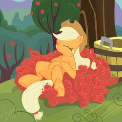 Size: 5000x5000 | Tagged: safe, artist:matimus91, applejack, earth pony, pony, g4, absurd resolution, apple, eyes closed, female, food, happy, obligatory apple, on back, pile, solo, that pony sure does love apples
