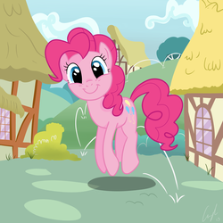 Size: 5000x5000 | Tagged: safe, artist:matimus91, pinkie pie, earth pony, pony, g4, absurd resolution, cute, diapinkes, female, jumping, looking at you, ponyville, pronking, show accurate, smiling, solo
