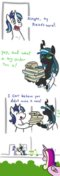 Size: 562x1642 | Tagged: safe, artist:jargon scott, princess cadance, queen chrysalis, shining armor, alicorn, changeling, pony, unicorn, g4, bush, cadance's pizza delivery, comic, competition, dialogue, eyes closed, food, lidded eyes, open mouth, pizza, question mark, smiling, vespa