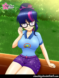 Size: 761x1000 | Tagged: safe, artist:clouddg, sci-twi, twilight sparkle, human, equestria girls, g4, my little pony equestria girls: legend of everfree, big breasts, breasts, busty twilight sparkle, camping outfit, clothes, cute, female, glasses, human coloration, log, looking at you, shorts, signature, sitting, smiling, solo, thighs, twiabetes, wide hips