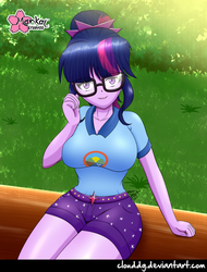 Size: 761x1000 | Tagged: safe, artist:clouddg, sci-twi, twilight sparkle, human, equestria girls, g4, my little pony equestria girls: legend of everfree, big breasts, breasts, busty twilight sparkle, camping outfit, clothes, cute, female, glasses, log, looking at you, shorts, signature, sitting, smiling, solo, thighs, twiabetes, wide hips