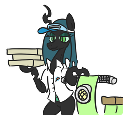 Size: 501x471 | Tagged: safe, artist:jargon scott, part of a set, queen chrysalis, changeling, g4, bipedal, cadance's pizza delivery, female, food, part of a series, pizza, scooter, simple background, smiling, solo, white background