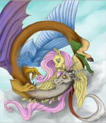 Size: 668x771 | Tagged: safe, artist:sharkyskadi, discord, fluttershy, g4, cloud, colored hooves, eye contact, flying, looking at each other, male, ship:discoshy, shipping, sky, spread wings, straight