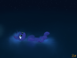 Size: 1024x768 | Tagged: safe, artist:krynnymuffin, princess luna, pony, g4, female, floating, looking up, moon, sad, solo, water