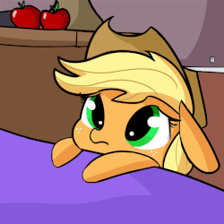 Size: 949x949 | Tagged: safe, artist:tjpones, part of a set, applejack, earth pony, pony, g4, adorable face, animated, apple, bed, cute, daaaaaaaaaaaw, eye shimmer, female, floppy ears, food, freckles, frown, gif, hnnng, hoofy-kicks, jackabetes, looking up, open mouth, solo, tjpones is trying to murder us, upsies, weapons-grade cute