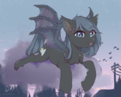 Size: 1210x966 | Tagged: safe, artist:dagmell, oc, oc only, oc:angel tears, bat pony, bird, pony, bat wings, chest fluff, cloud, commission, ear fluff, female, fur, mare, on a cloud, open mouth, solo