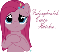 Size: 2000x1781 | Tagged: safe, artist:arifproject, pinkie pie, earth pony, pony, g4, crying, female, malay, pinkamena diane pie, quote, simple background, solo, translated in the description, transparent background, vector