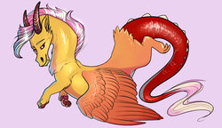 Size: 1024x591 | Tagged: safe, artist:loryska, oc, oc only, oc:larkspur, draconequus, hybrid, interspecies offspring, offspring, parent:discord, parent:fluttershy, parents:discoshy, simple background, solo