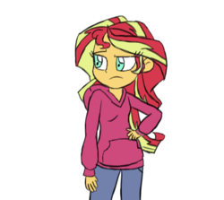 Size: 1148x1024 | Tagged: safe, artist:starlightflopple, sunset shimmer, equestria girls, g4, clothes, female, frown, hoodie, simple background, solo