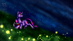 Size: 1600x900 | Tagged: safe, artist:veeveetherpernartist, twilight sparkle, firefly (insect), pony, g4, book, female, grass, looking up, meadow, night, prone, solo, stars
