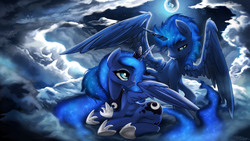 Size: 2100x1182 | Tagged: safe, artist:fidzfox, princess luna, oc, alicorn, pony, g4, alicorn oc, butt, canon x oc, cloud, female, male, moon, moonbutt, night, on side, plot, shipping, spread wings, stars, straight