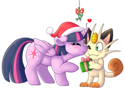 Size: 962x695 | Tagged: safe, artist:chimcharlover13, meowth, blushing, christmas, crack shipping, crossover, crossover shipping, cute, female, hat, heart eyes, male, meowthtwi, mistletoe, nuzzling, pokémon, present, santa hat, shipping, simple background, starry eyes, straight, transparent background, wingding eyes