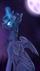 Size: 750x1334 | Tagged: safe, artist:nightstarss, artist:puppyowner39, princess luna, pony, g4, collaboration, female, glowing horn, horn, looking back, moon, night, s1 luna, sitting, solo, spread wings, stars