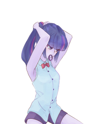 Size: 700x1000 | Tagged: safe, artist:misochikin, twilight sparkle, equestria girls, g4, armpits, female, mouth hold, simple background, solo