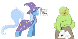 Size: 2564x1296 | Tagged: safe, artist:fluffleduckle, trixie, oc, oc:anon, pony, unicorn, g4, blushing, cape, chest fluff, clothes, cross-popping veins, dialogue, drawing, eyes closed, hat, paper, simple background, text, trixie's cape, trixie's hat, truth, white background