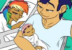Size: 9600x6700 | Tagged: safe, artist:colourstrike, rainbow dash, soarin', human, g4, absurd resolution, bed, hospital bed, humanized, male, offspring, parent:rainbow dash, parent:soarin', parents:soarindash, ship:soarindash, shipping, straight