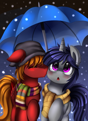 Size: 2550x3509 | Tagged: safe, artist:pridark, oc, oc only, pony, blushing, clothes, cute, eyes closed, gay, high res, kissing, male, night, open mouth, point commission, raised hoof, scarf, snow, snowfall, umbrella