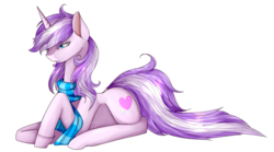 Size: 2276x1264 | Tagged: safe, artist:midfire, oc, oc only, oc:candy heartswirl, pony, unicorn, clothes, female, mare, prone, scarf, simple background, solo, transparent background