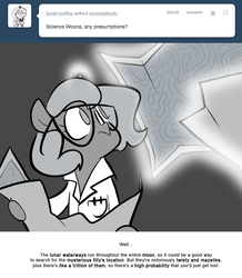 Size: 666x763 | Tagged: safe, artist:egophiliac, princess luna, pony, moonstuck, g4, clothes, female, filly, glasses, grayscale, lab coat, magic, map, monochrome, science woona, solo, tumblr, tumblr comic, woona, younger
