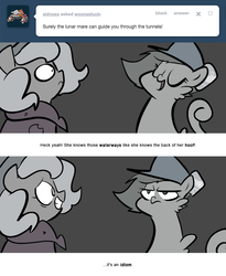 Size: 666x812 | Tagged: safe, artist:egophiliac, princess luna, oc, oc:danger mcsteele, sea pony, moonstuck, g4, cartographer's cap, drinking hat, filly, grayscale, hat, marauder's mantle, monochrome, tumblr, tumblr comic, woona, younger