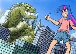 Size: 3508x2480 | Tagged: safe, artist:zenzmurfy, twilight sparkle, human, kaiju, g4, building, city, clothes, giantess, godzilla (series), godzilla (tristar), high res, humanized, macro, midriff, pants, shorts, signature, thumbs up