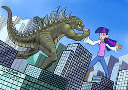 Size: 3508x2480 | Tagged: safe, artist:zenzmurfy, twilight sparkle, human, kaiju, g4, building, city, clothes, giantess, godzilla (series), godzilla (tristar), handshake, high res, humanized, macro, pants, signature