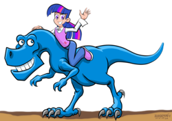 Size: 3508x2480 | Tagged: safe, artist:zenzmurfy, twilight sparkle, dinosaur, human, tyrannosaurus rex, g4, clothes, dirt, duo, female, giantess, high res, humanized, humans riding dinosaurs, macro, pants, riding, shoes, signature, simple background, transparent background, waving