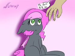 Size: 1024x768 | Tagged: safe, artist:xwoofyhoundx, oc, oc only, oc:heartbeat, bat pony, human, pony, dialogue, female, filly, hand, looking up, solo