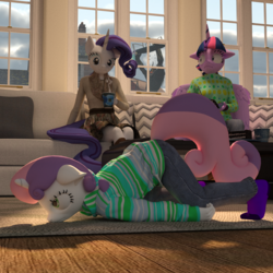 Size: 1750x1750 | Tagged: safe, artist:tahublade7, dinky hooves, lord tirek, rarity, sweetie belle, twilight sparkle, alicorn, anthro, plantigrade anthro, g4, 3d, bored, cake, clothes, couch, cup, food, indoors, jeans, merry-go-round, missing shoes, pants, playground, scootie belle, silly, sitting, socks, twilight sparkle (alicorn)