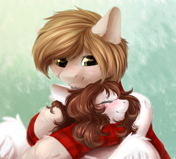 Size: 1000x900 | Tagged: safe, artist:peachmayflower, oc, oc only, pegasus, pony, clothes, female, hug, male, mare, stallion