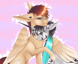 Size: 2400x2000 | Tagged: safe, artist:minelvi, oc, oc only, oc:lunelaya, pegasus, pony, unicorn, colored hooves, eyelashes, eyes closed, female, high res, horn, hug, male, mare, one eye closed, pegasus oc, signature, stallion, tattoo, unicorn oc, winghug, wings, wink