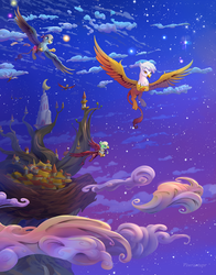 Size: 1650x2100 | Tagged: safe, artist:viwrastupr, part of a set, gabby, gilda, greta, griffon, g4, bag, beautiful, castle griffonstone, clothes, cloud, color porn, flying, griffonstone, night, night sky, paws, scarf, scenery, smiling, spread wings, starry night, stars, wings