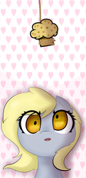 Size: 2900x6000 | Tagged: safe, artist:isorrayi, derpy hooves, pegasus, pony, g4, abstract background, absurd resolution, bait, bust, drool, eyes on the prize, female, food, heart, heart background, muffin, open mouth, portrait, solo, string