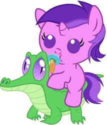 Size: 786x917 | Tagged: safe, artist:red4567, amethyst star, gummy, sparkler, pony, g4, amethyst star riding gummy, baby, baby pony, cute, pacifier, ponies riding gators, riding, weapons-grade cute