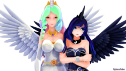 Size: 1920x1080 | Tagged: safe, artist:kittentube, princess celestia, princess luna, human, g4, 3d, clothes, dress, duo, horn, horned humanization, humanized, looking at you, mmd, simple background, spread wings, transparent background, winged humanization