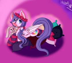 Size: 1972x1728 | Tagged: safe, artist:shirofluff, oc, oc only, oc:pliant peony, changeling, pegasus, pony, clothes, firealpaca, nonbinary, pillow, socks, solo, striped socks