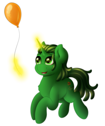 Size: 2500x3000 | Tagged: safe, artist:spirit-dude, oc, oc only, oc:galloping gertie, pony, unicorn, balloon, gift art, glowing, glowing horn, high res, horn, looking up, magic, male, simple background, smiling, solo, stallion, transparent background, unicorn oc