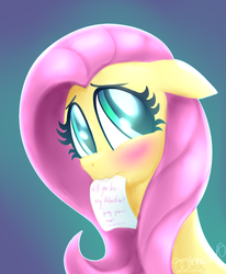 Size: 1400x1700 | Tagged: safe, artist:siggie740, fluttershy, pony, g4, blushing, bust, cute, female, floppy ears, gradient background, looking at you, mouth hold, note, portrait, shyabetes, simple background, solo, valentine's day