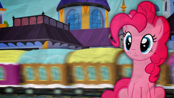 Size: 1920x1080 | Tagged: safe, artist:cloudbringerart, pinkie pie, earth pony, pony, g4, female, solo, train, train station, vector, wallpaper