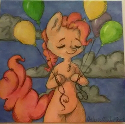 Size: 1166x1153 | Tagged: safe, artist:anguineaffinity, pinkie pie, g4, balloon, cloud, eyes closed, female, solo, traditional art