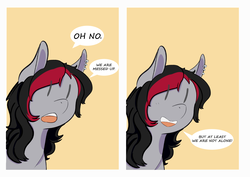 Size: 1280x905 | Tagged: safe, artist:helloiamyourfriend, oc, oc only, oc:miss eri, earth pony, pony, 2 panel comic, black and red mane, comic, dialogue, ear piercing, earring, jewelry, open mouth, parody, piercing, smiling, solo, speech bubble, two toned mane