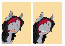Size: 1280x905 | Tagged: safe, oc, oc only, oc:miss eri, earth pony, pony, 2 panel comic, black and red mane, ear piercing, earring, jewelry, open mouth, parody, piercing, smiling, solo, textless, two toned mane