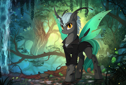 Size: 2100x1428 | Tagged: safe, artist:yakovlev-vad, oc, oc only, changeling, changeling oc, clothes, commission, forest, jacket, looking at you, male, patreon reward, scenery, smiling, solo, tree, waterfall