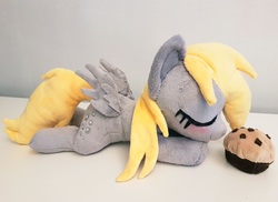 Size: 3768x2736 | Tagged: safe, artist:epicrainbowcrafts, derpy hooves, pony, g4, blushing, cute, daaaaaaaaaaaw, female, filly, food, high res, irl, muffin, photo, plushie, sleeping, solo