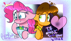 Size: 1290x755 | Tagged: safe, artist:lynchristina, cheese sandwich, pinkie pie, g4, bouquet, female, floppy ears, heart, male, ship:cheesepie, shipping, straight