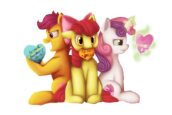 Size: 3000x2000 | Tagged: safe, artist:darkray777, apple bloom, scootaloo, sweetie belle, earth pony, pegasus, pony, unicorn, g4, cutie mark crusaders, female, filly, high res, magic, mouth hold, open mouth, simple background, sitting, the cmc's cutie marks, transparent background, valentine's day