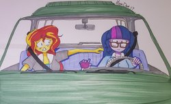 Size: 1024x623 | Tagged: safe, artist:missmayaleanne, sci-twi, sunset shimmer, twilight sparkle, equestria girls, g4, car, clothes, driving, duo, female, glasses, lesbian, seatbelt, ship:sci-twishimmer, ship:sunsetsparkle, shipping, terrified, traditional art, vehicle